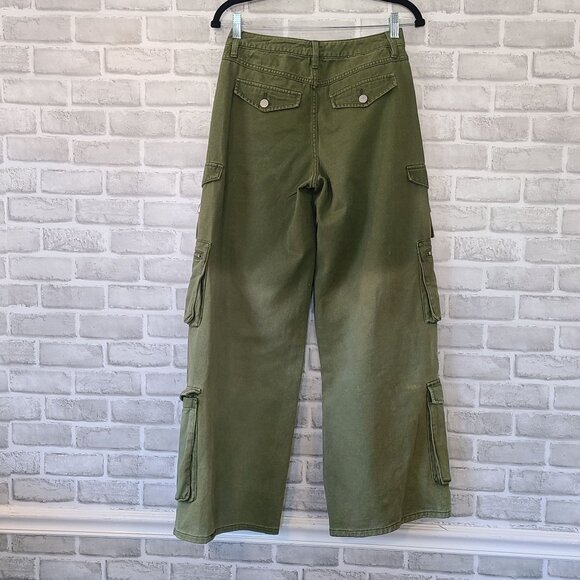 Forever 21 Cypress Cargo Denim Pants Wide Leg Ombre Green Pockets 25 Streetwear - Picture 3 of 10